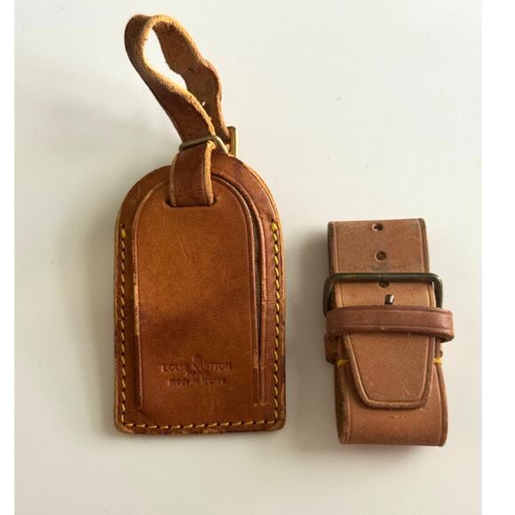 Authentic‎ Louis Vuitton Vachetta Leather Name Luggage Tag And Poignet Set SN405 - Picture 1 of 4